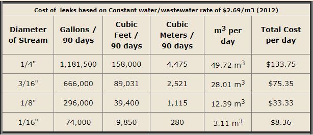 Picture of Table that Shows Cost of Leaks on Water Bill